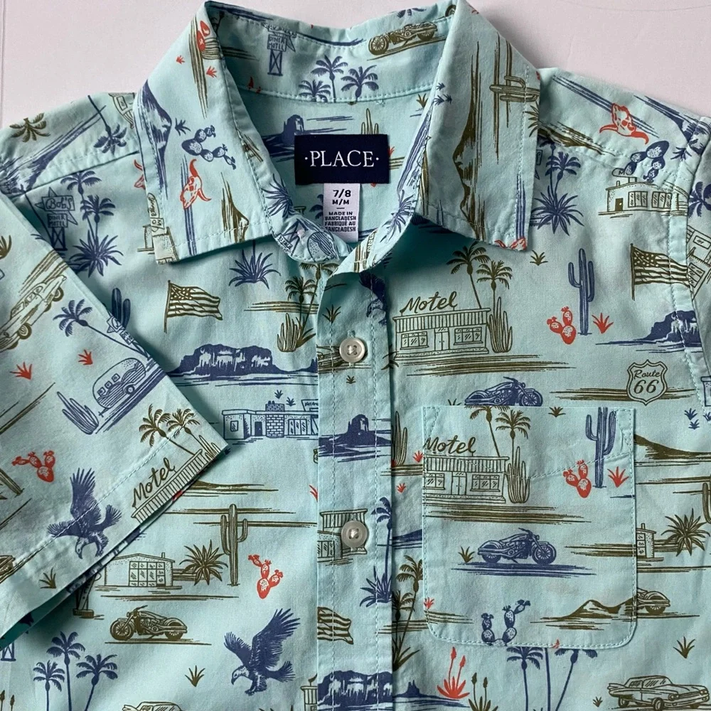 Children’s Place Hawaiian Shirt Size 7 8 Button Down Green Southwest Rt 66 EUC